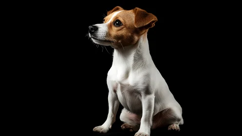 High-contrast studio portrait of alert tricolor terrier dog.