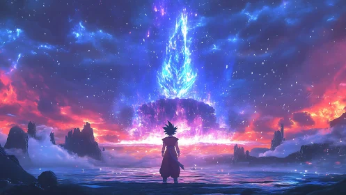 Warrior faces cosmic energy pillar over glowing sea.