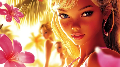 Sunlit freckled girl dominates tropical floral paradise.