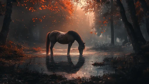 Horse drinking in misty autumn forest pond at dusk.
