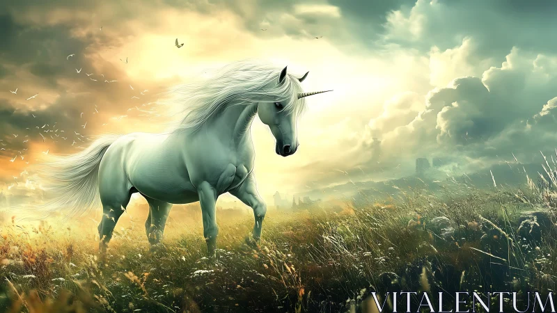 Radiant unicorn striding through luminous stormlit meadow.