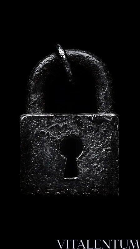 Textured iron padlock isolated in high contrast frontal lighting