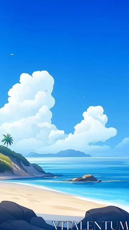 Tropical Paradise Beach Day With Fluffy Clouds.