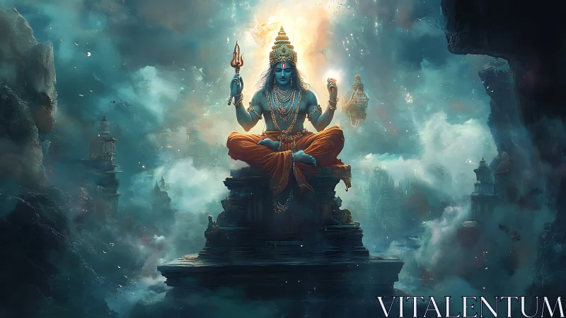 Mystic sky temple meditation with glowing celestial guide.