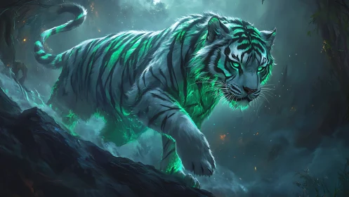 Glowing spectral tiger stalks through a misty enchanted forest