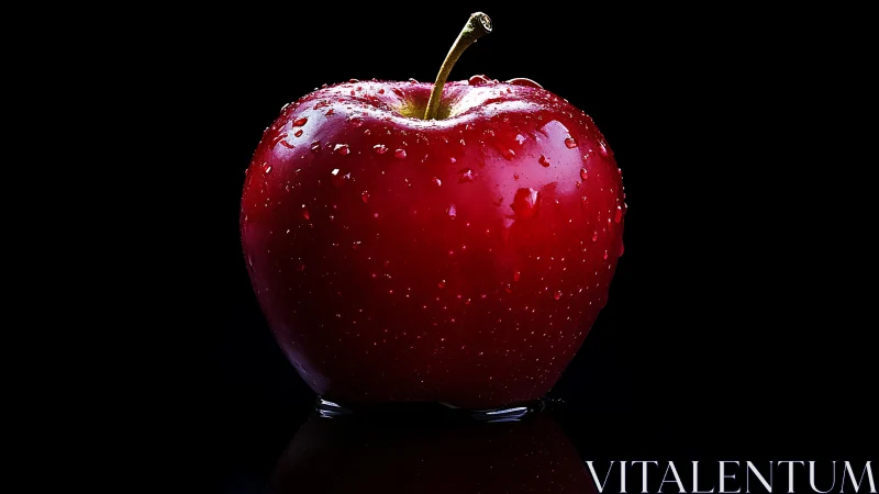 Red apple with water droplets on reflective black background.