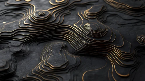 Layered metallic topographic relief on dark abstract surface.