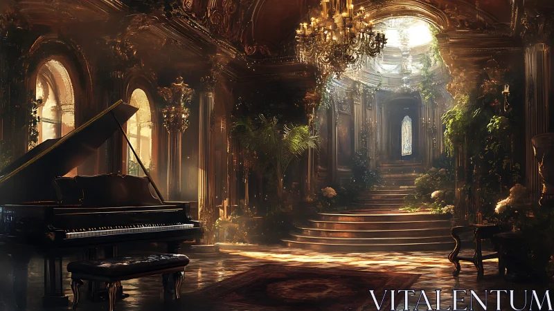 Sunlit grand piano dreaming in a lush, overgrown palace.