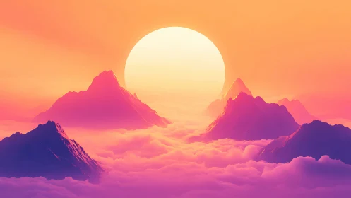 Sunlit mountain peaks above clouds in gradient sky.