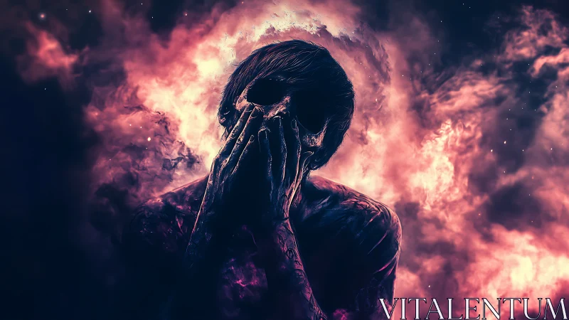 Humanoid figure with skull face amid glowing cosmic clouds.