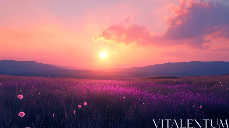 Sunlit lavender meadow under vivid magenta dusk sky.