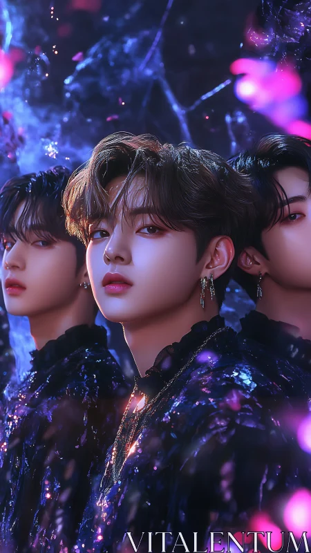 Three stylized portraits align under controlled colored lighting