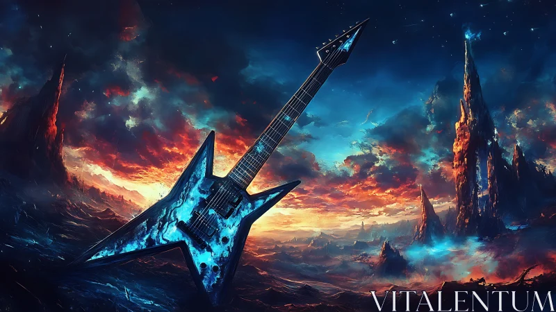 Electric guitar ignites a cosmic storm over alien cliffs