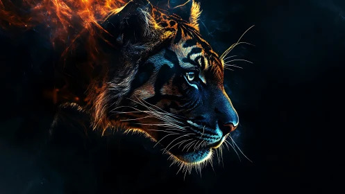 Blazing neon tiger profile emerging from deep shadowed void.