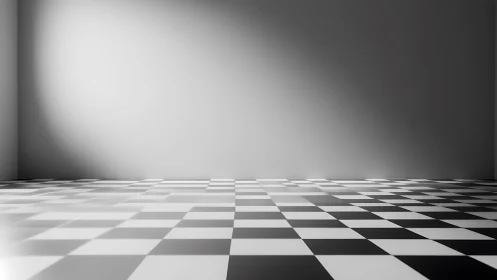 Empty room with black and white checkered floor pattern.