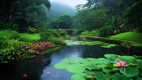 Lush tropical pond with lilies and stone bridge in mist