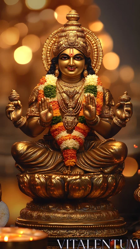 Gilded deity sculpture with floral garlands and bokeh illumination.