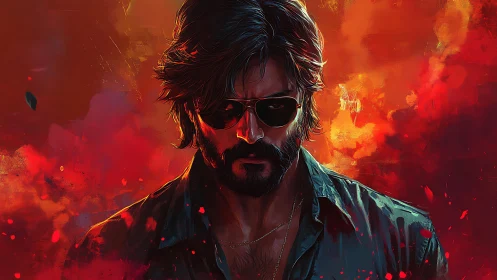 Male figure in sunglasses against intense red backdrop.