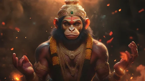 Simian figure in ornate attire with ritual markings depicted.