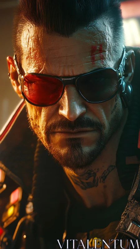 Cybernetic mercenary portrait with bicolor visor and scars