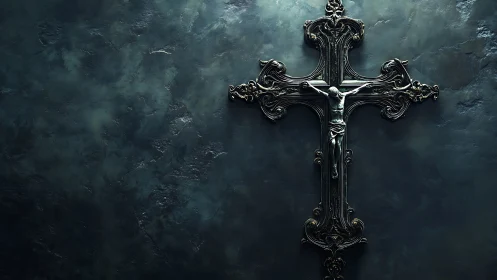 Baroque metal crucifix on dark textured stone wall.
