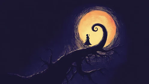 Silhouetted girl on spiral bough against oversized lunar disc.