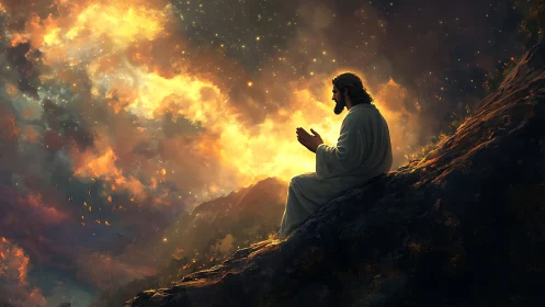 Solitary robed figure prays on mountainside under blazing sky