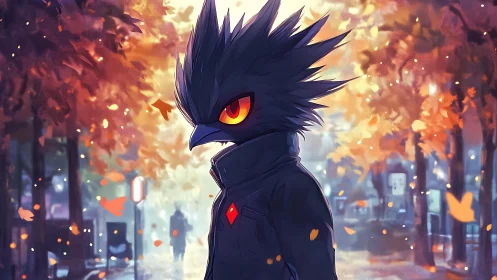 Anthropomorphic raven figure in autumn city street, anime style