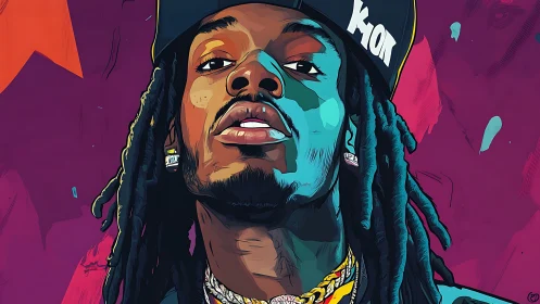 Bold hip-hop portrait rendered in high-contrast vector color blocks