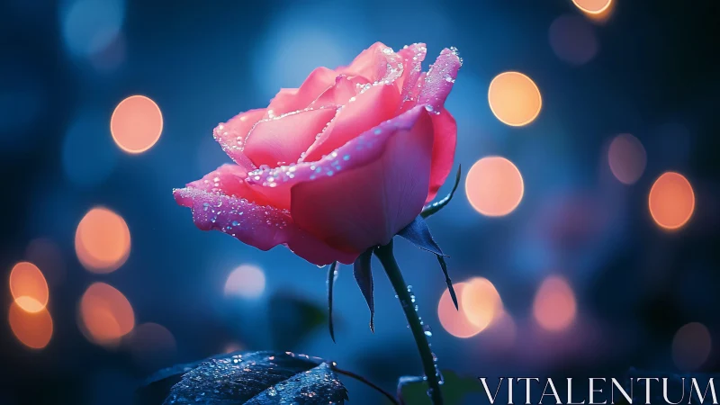 Dewy pink rose glows against deep blue bokeh night field