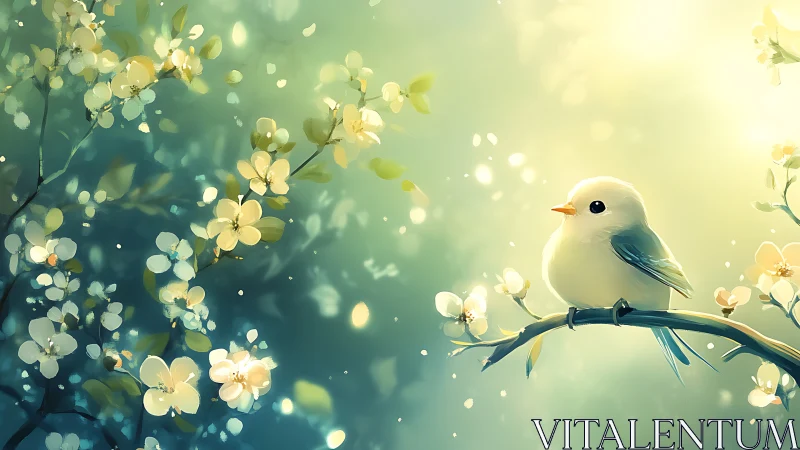 Spring songbird on blossom branch in soft glowing light.