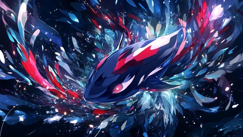 Abstract cosmic whale surrounded by vivid color shards.
