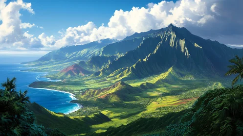 Coastal mountain range extends inland under broken cloud cover