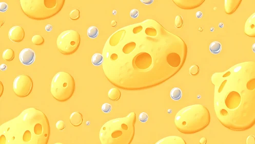 Cheese-like yellow blobs drift with glossy bubbles in space.