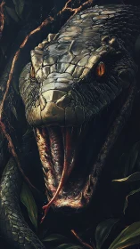 Ferocious jungle serpent roaring from the shadowy leaves.