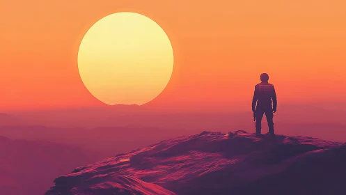 Lone explorer surveys molten horizon beneath colossal sun.