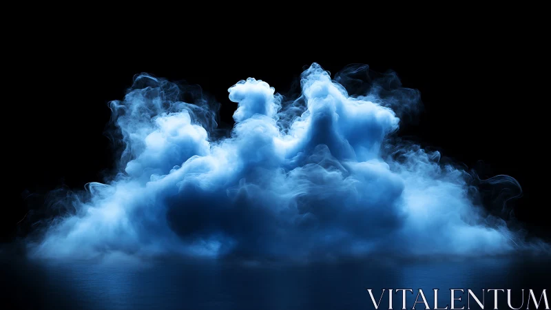 Luminous blue smoke cloud rises against deep black void.
