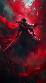 Lone swordsman stands amid swirling crimson energy storm