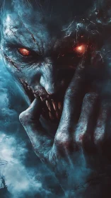 Nightmare creature leans from the mist with blazing eyes