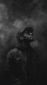 Moody portrait of man in leather jacket amid drifting smoke.