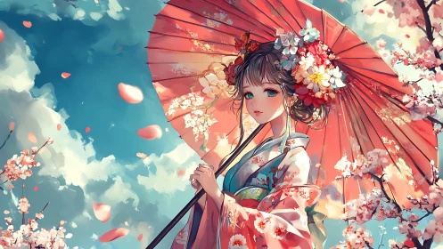 Anime girl in floral kimono under red parasol outdoors.