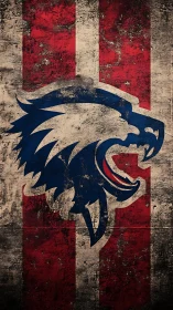 Bold roaring wolf emblem on rugged striped banner.