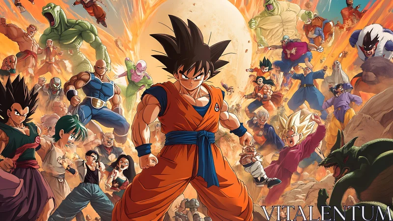 Anime warriors clash amid explosive desert energy storm.