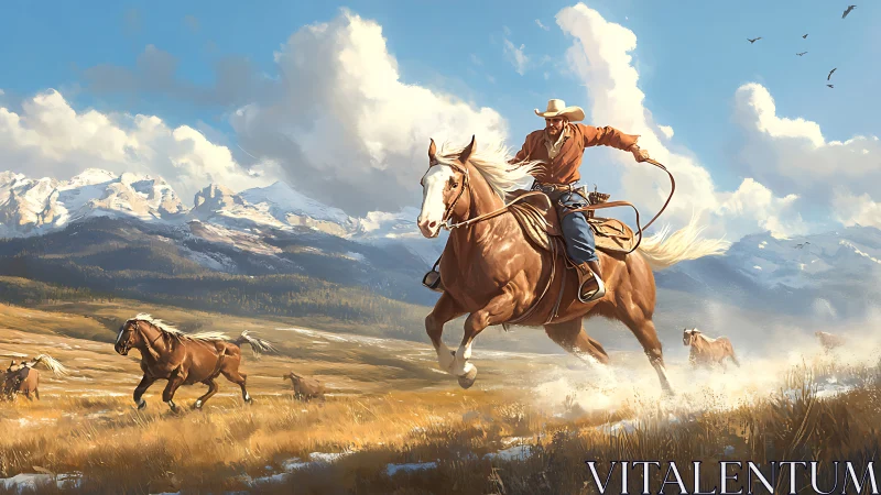 Cowboy on horseback driving herd across open mountain plain.