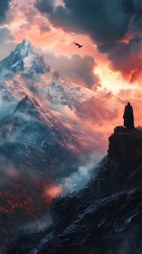 Cloaked figure on cliff facing fiery clouded peak landscape.