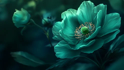 Teal Anemone Bloom with Golden Stamen Center Against Soft Bokeh
