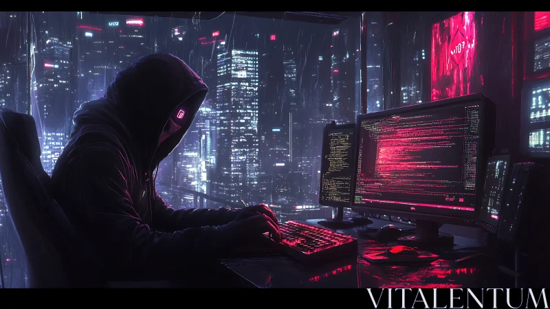 Hooded operator at multi-screen workstation in city night.