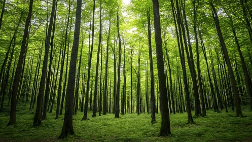 Lush green forest with tall, slender trees in natural daylight.