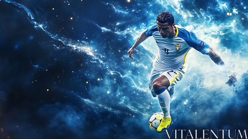 Dynamic soccer player surges through cosmic blue energy storm