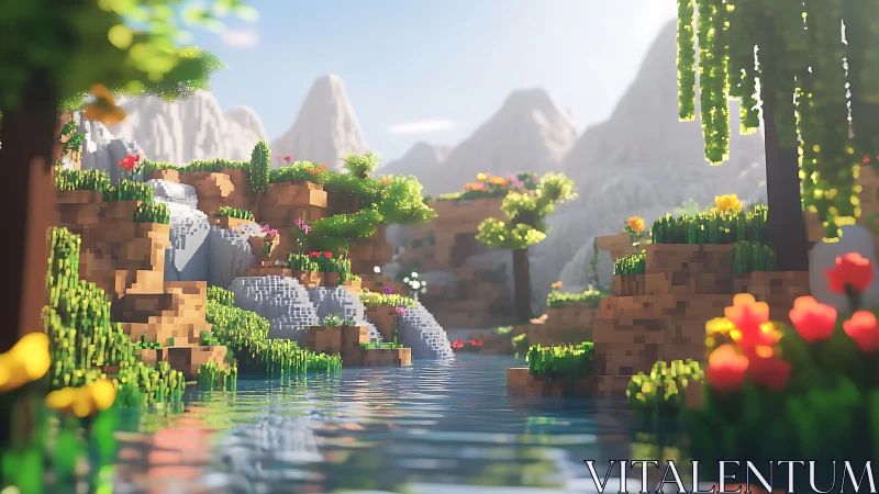Voxel river valley under soft sunlight with blooms.